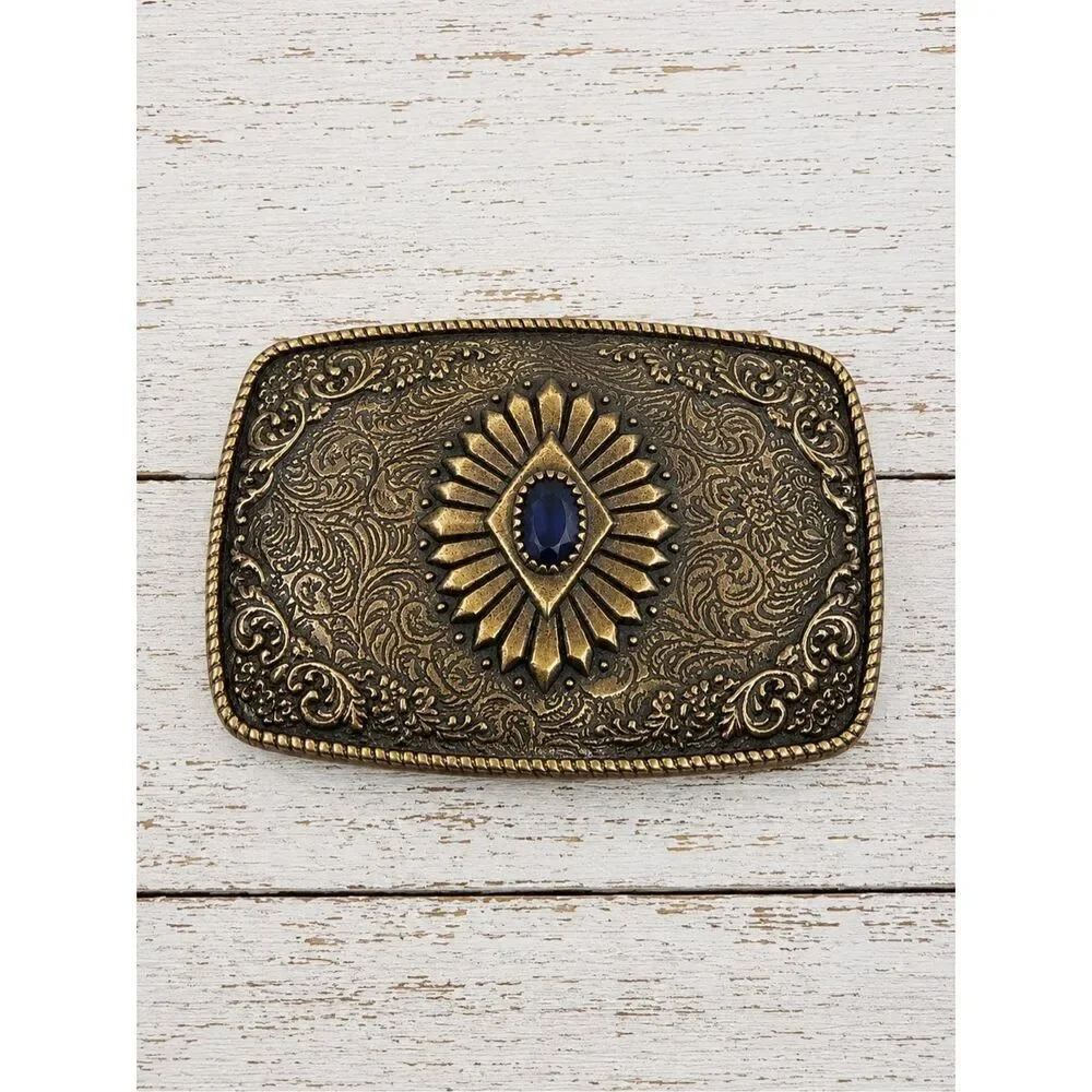 Western Antique Brass Tone Concho Buckle with Turquoise Accent